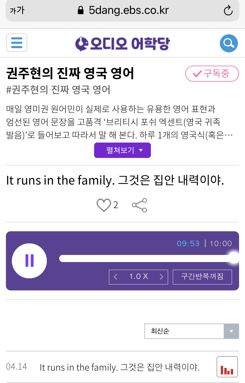 20.04.14.화 It runs in the family. 그것은 집안 내력이야. 권주현의 진짜 영국 영어