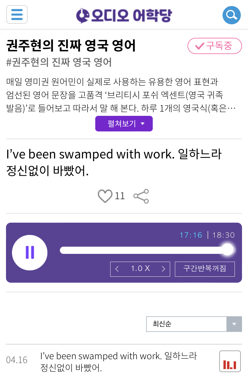 21.04.16.금 I’ve been swamped with work. 일하느라 정신없이 바빴어. 권주현의 진짜 영국 영어